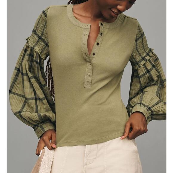 Pilcro Tops - Pilcro by Anthropologie The Andie Balloon-Sleeve Ribbed Henley Top Green Large